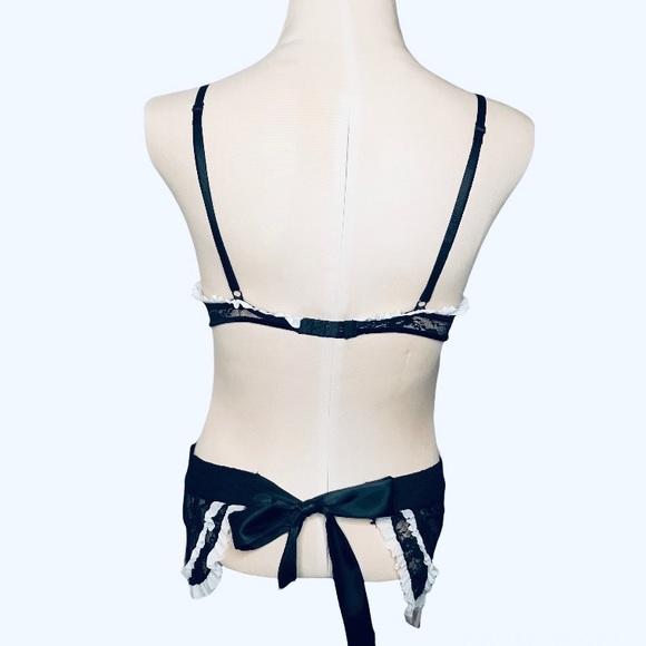 French Maid Lingerie ribbon lined play suit lingerie apron costume black 34B - Picture 4 of 9